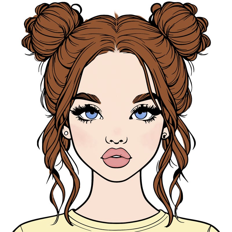 realistic girl with two buns in hair and lips