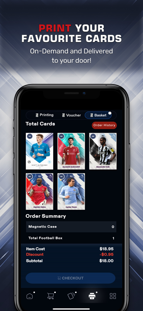 Aplicativo Topps Total Football mostrando a tela de checkout para encomendar cartas físicas impressas.