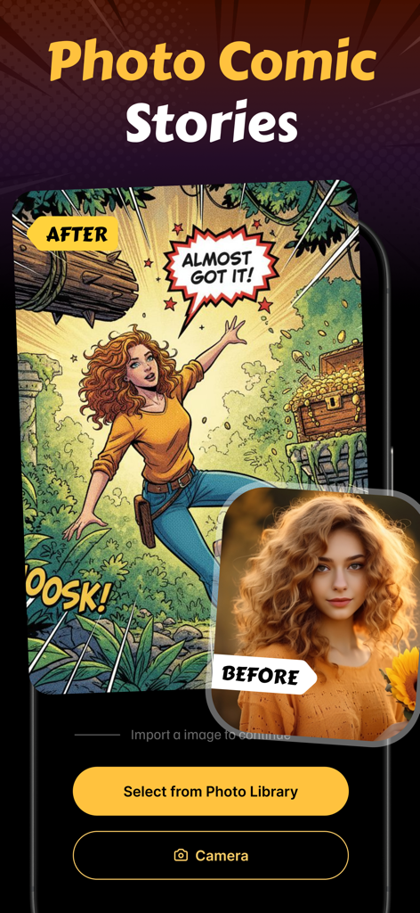 A before and after comparison showing a woman's portrait transformed into a comic book adventure scene.