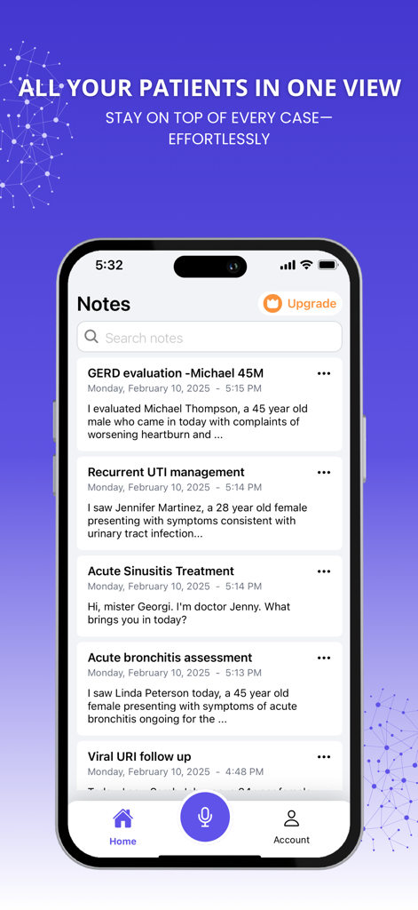 OrbVoice: Medical AI Scribe - Una lista de notas clínicas organizadas de pacientes mostradas en la pantalla de un smartphone dentro de la interfaz de la aplicación OrbVoice