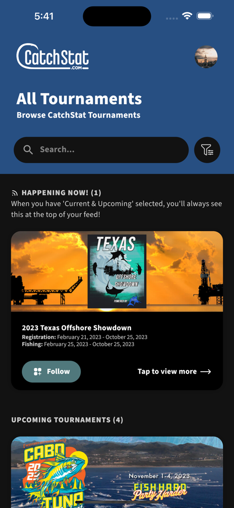 CatchStat - CatchStat app screen displaying a list of current and upcoming offshore fishing tournaments.