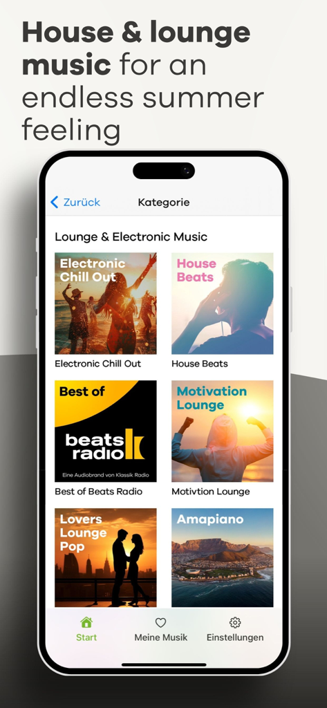 Klassik Radio & Beats Radio - Smartphone mostrando canales de música lounge y electrónica curada dentro de la aplicación Klassik Radio y Beats Radio.