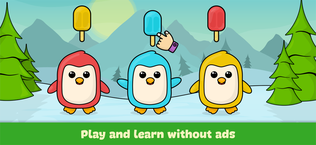 お揃いのアイスクリームを持った赤、青、黄色のペンギンが登場する幼児向けの色の分類ゲーム