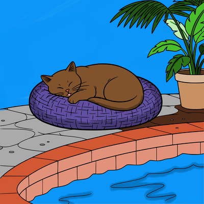 a cat sleeping on a cat bed near a pool