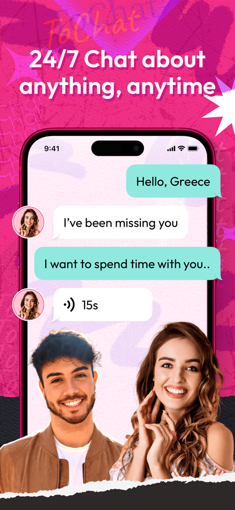 ToChat mobile app interface showing a chat conversation and smiling users with the text 24 7 Chat about anything anytime