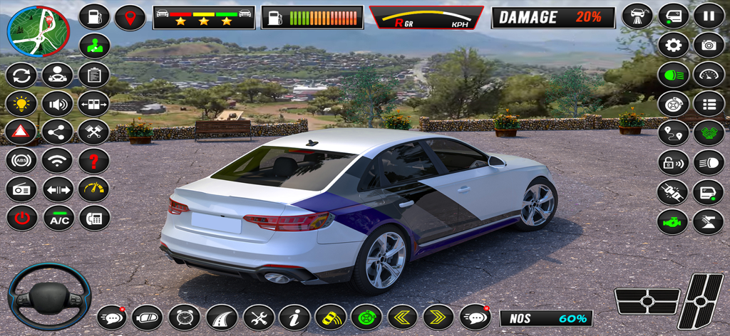 School Driving: Car Simulator - A white car in a 3D driving simulator showing the user interface with various controls and dashboard icons