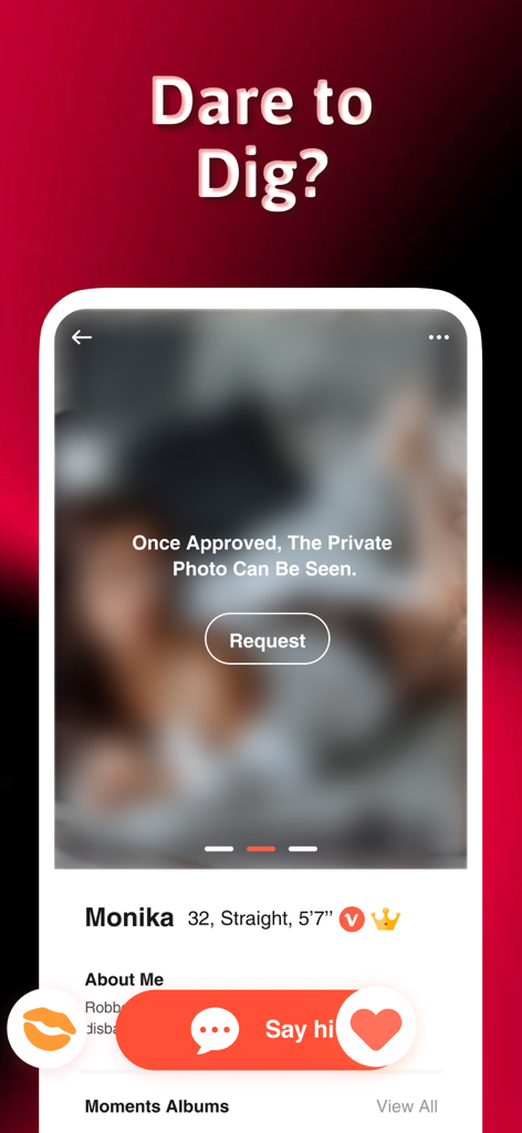 Interface of 3rder dating app showing a blurred private profile photo and request button
