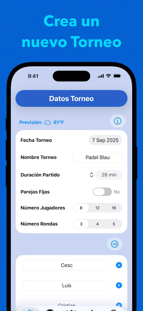 Americana Padel App-Bildschirm zur Erstellung eines neuen Turniers mit Optionen für Spieler, Runden und Spieldauer.