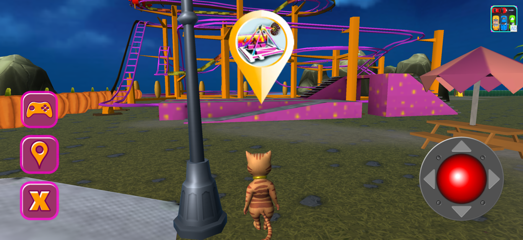 Halloween Cat Theme Park 3D - Leo Catomy caminando por un parque temático de Halloween en 3D con una montaña rusa al fondo