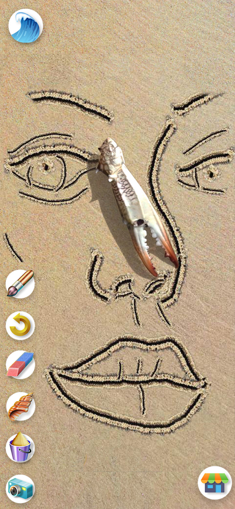 Sand Draw: Beach Wave Art Game - A creative face drawing in realistic sand with a crab claw object and app tool icons