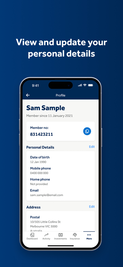 Hostplus - Hostplus mobile app screen showing personal member profile and contact details