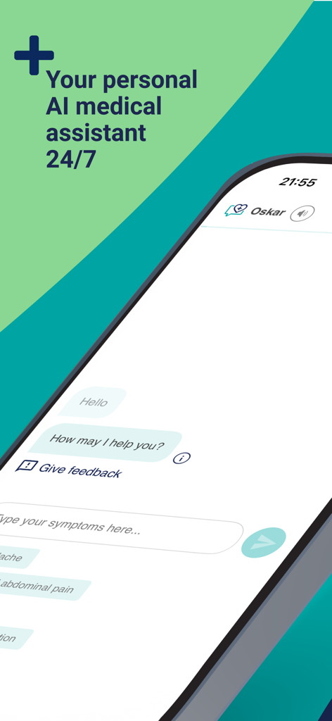 mymediktor - Symptom Checker - mymediktor app chat interface featuring the AI medical assistant named Oskar