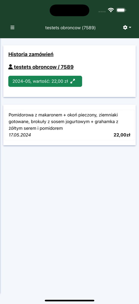 Bestellhistorie-Bildschirm in der iKuchnia-App mit Details und Preis einer Schulessensbestellung.