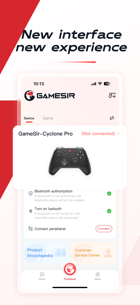 GameSir app interface displaying the connection setup for a Cyclone Pro gaming controller on a mobile device.