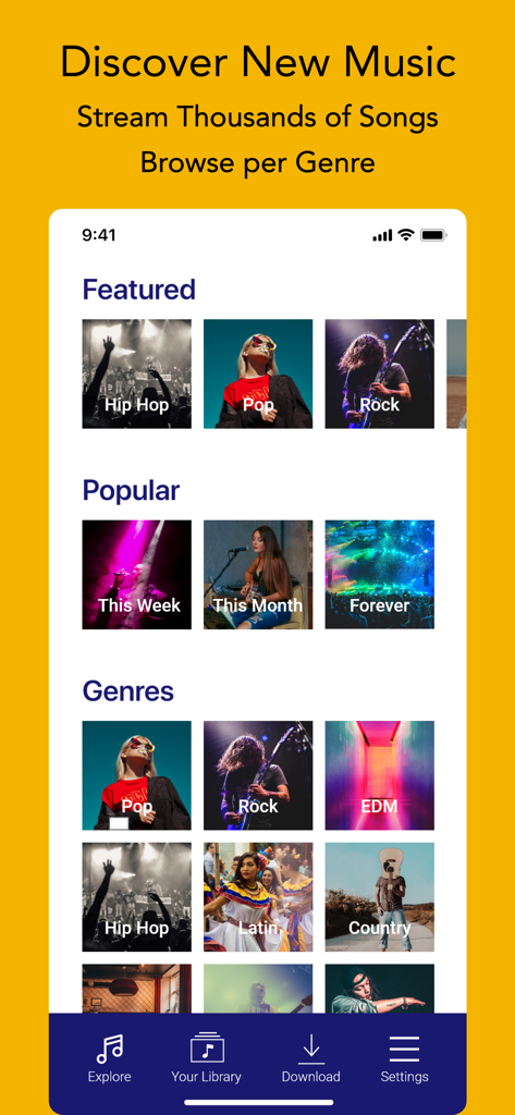 Tela de descoberta do aplicativo Offline Music mostrando músicas em destaque e categorias de gêneros como Pop Rock e EDM