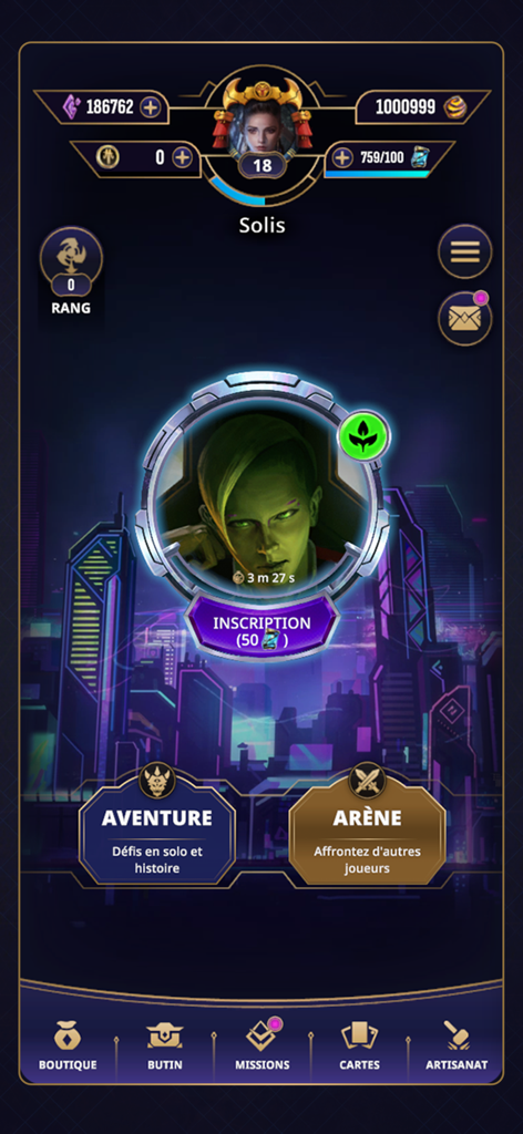 Cross The Ages: TCG - Main lobby of Cross The Ages trading card game showing player level and game modes like Adventure and Arena.