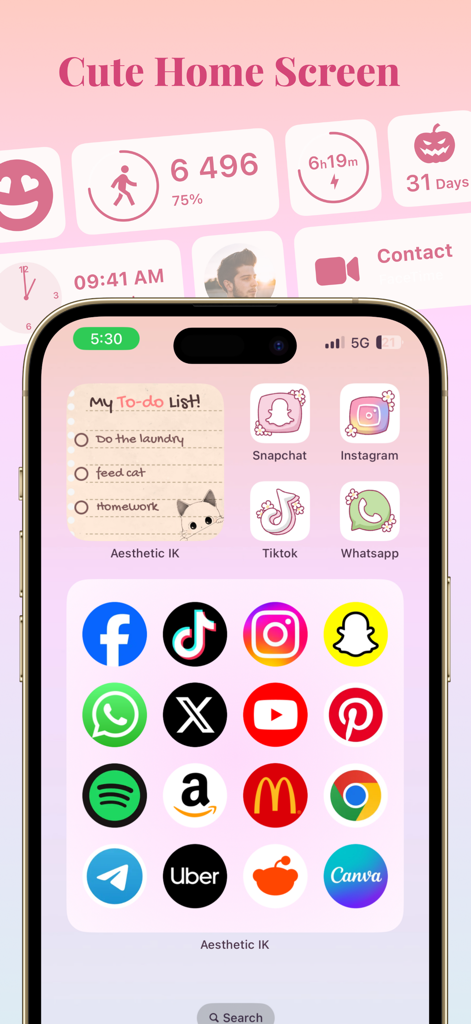 Aesthetic Kit: Photo Widget - Pantalla de inicio de iPhone rosa bonita y personalizada con iconos y widgets estéticos