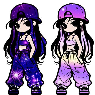 girl in baggy pants crop top and long hair