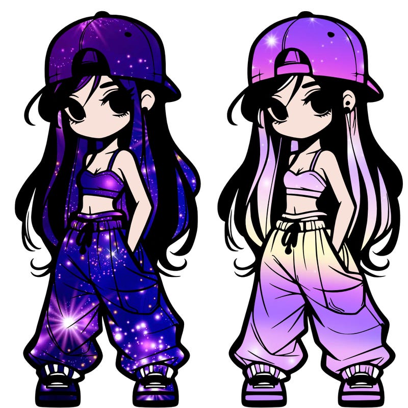 girl in baggy pants crop top and long hair