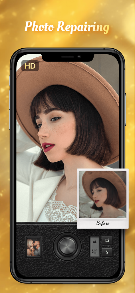 Magic Cam - Face Photo Editor - Comparison of a woman portrait before and after using the photo repairing feature in Magic Cam