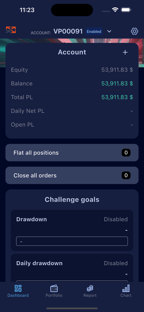 Volumetrica Prop - Volumetrica Prop app dashboard displaying trading account balance and challenge goals