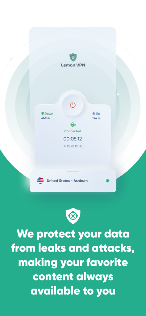 Interfaccia dell'app mobile Lemon VPN che mostra uno stato di connessione a un server USA con metriche di velocità e messaggio di privacy.