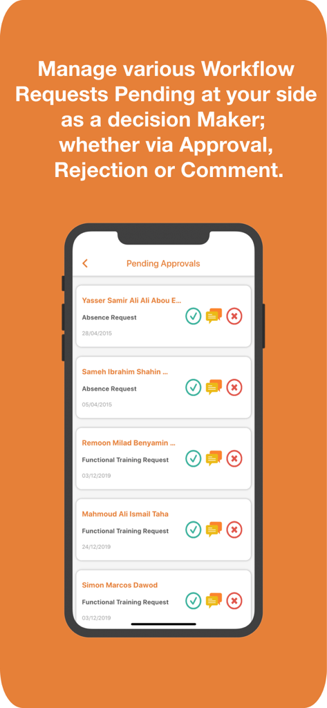 MAESTRO HCM - MAESTRO HCM mobile app interface showing a list of pending requests for management approval