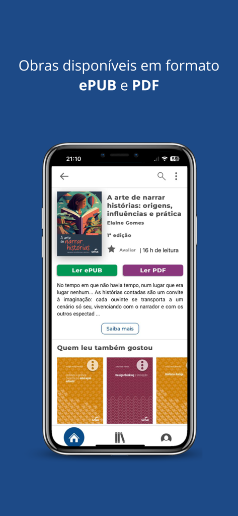 Biblioteca Digital Senac - Smartphone screen of Biblioteca Digital Senac app showing book details and options to read in ePUB or PDF format.
