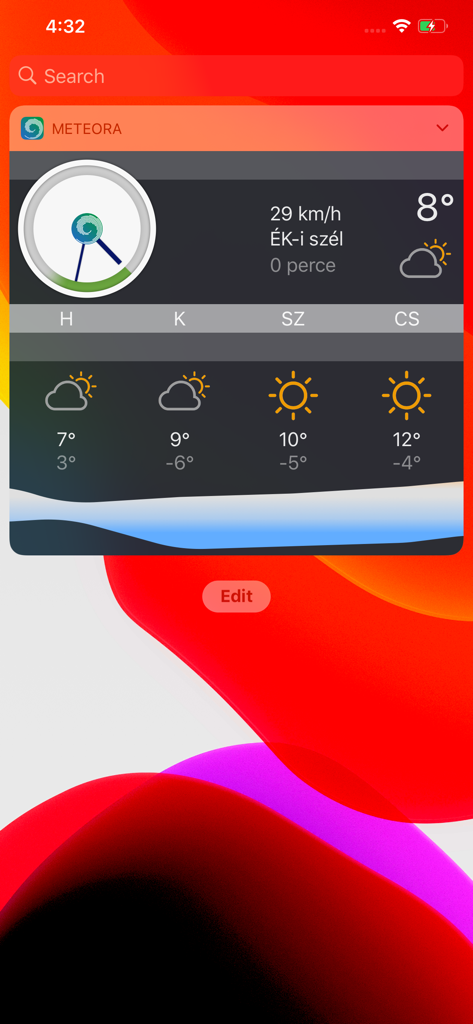 OMSZ Meteora iOS widget featuring an analog weather watch face and a four day forecast