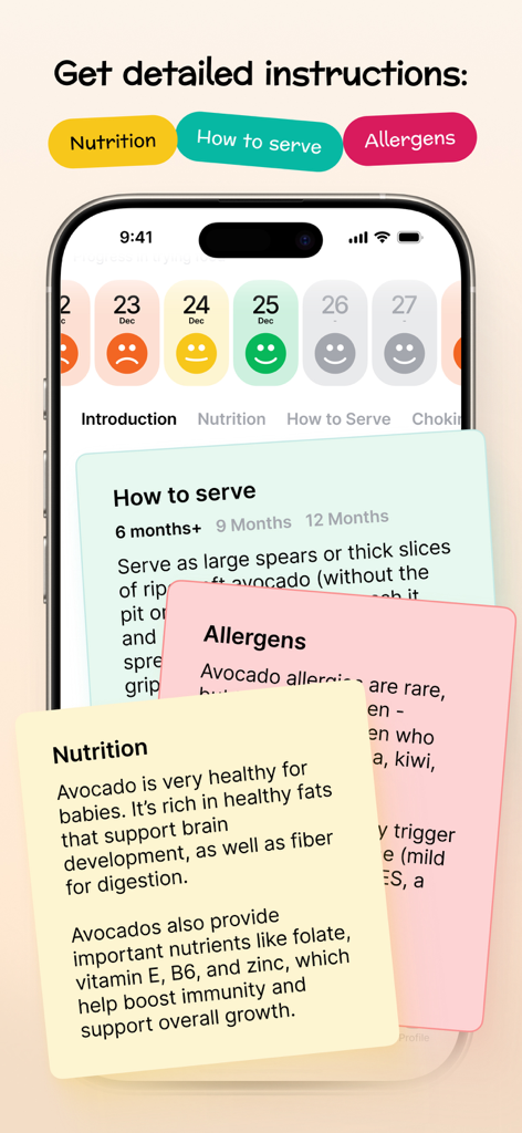 BabyPlate: start solids - Tarjetas informativas de alimentos para bebés que muestran sugerencias de nutrición y detalles de alérgenos en la aplicación BabyPlate