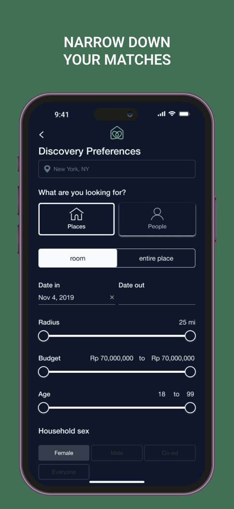 Roomster - Pantalla de preferencias de descubrimiento de la aplicación Roomster que muestra filtros de búsqueda de habitaciones y compañeros de piso en Nueva York
