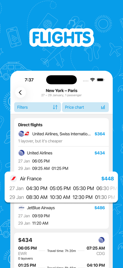 뉴욕발 파리행 항공권 옵션과 가격을 보여주는 모바일 앱 인터페이스