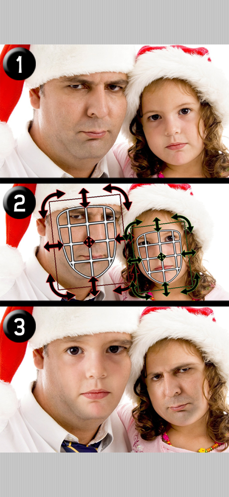 iSwap Faces Pro - A three step demonstration showing a face swap between a father and daughter wearing Santa hats