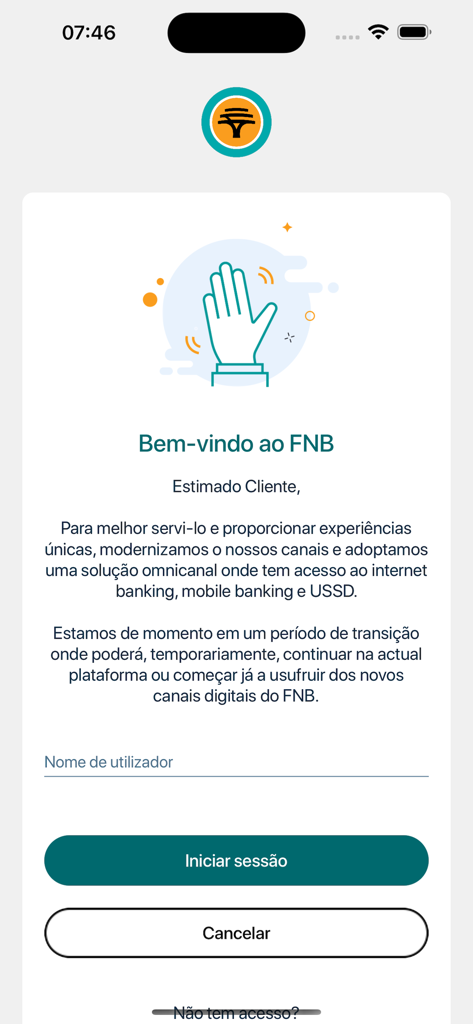 Écran de connexion de l'application bancaire mobile FNB ON Mozambique avec un message de bienvenue et un champ de saisie du nom d'utilisateur