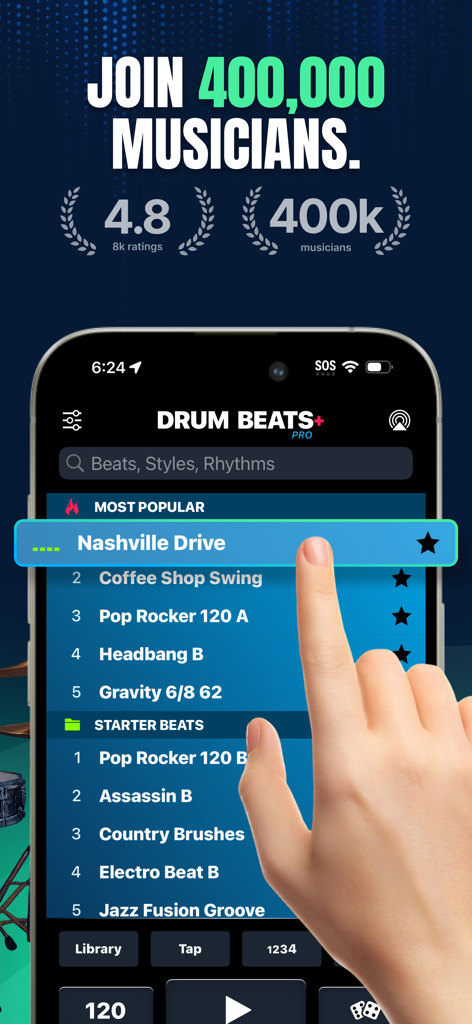 Interfaz de la aplicación móvil Drum Beats Plus mostrando una lista de ritmos de batería y calificaciones de usuarios