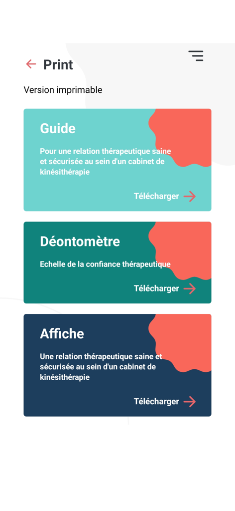 Interface of the Mon appli Kine app showing printable professional resources like guides and posters for physiotherapists