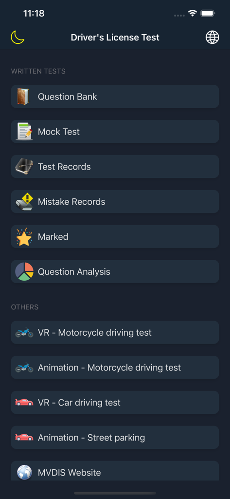 Main menu of Taiwan Drivers License Test app showing options for written exams and driving test simulations in dark mode