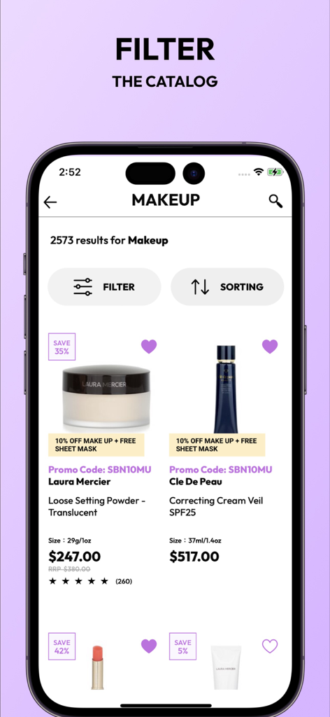 Strawberrynet- Beauty Shopping - Página da categoria de maquiagem do aplicativo Strawberrynet mostrando produtos de beleza de luxo com opções de filtro e classificação.