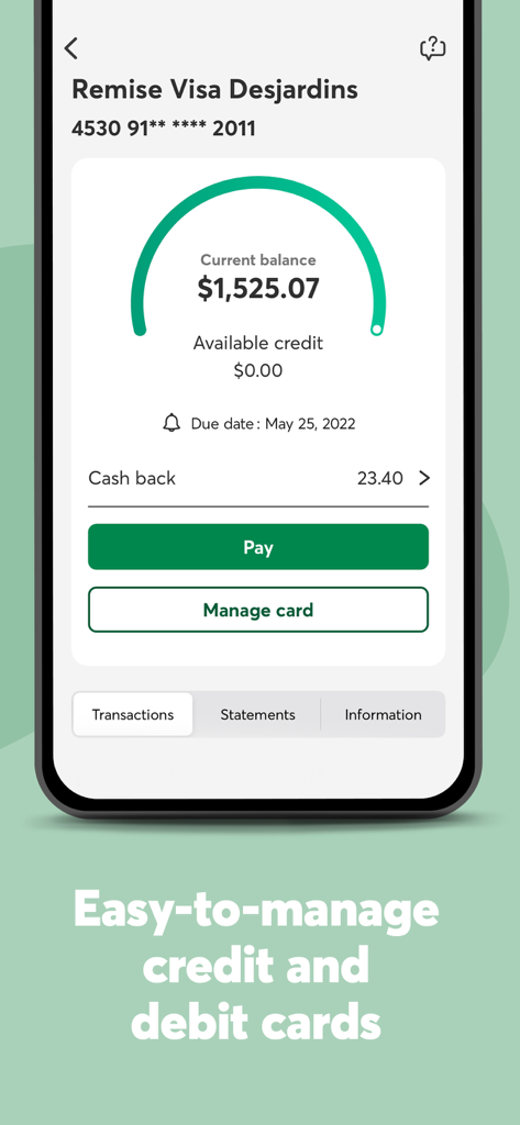 Desjardins mobile services - Oberfläche der Desjardins Mobile App zeigt den Saldo einer Visa-Kreditkarte und Schaltflächen zur Zahlung