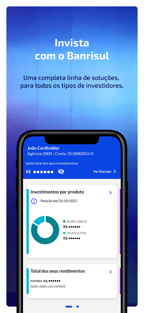 Schermata dell'app mobile Banrisul che mostra il portafoglio di investimenti con saldo e grafico di distribuzione dei prodotti