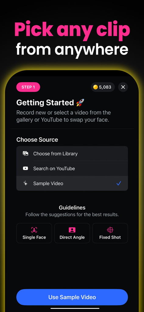 FaceAi: Face Swap Any Video - Interfaz de la aplicación FaceAi que muestra la pantalla del paso uno donde los usuarios pueden elegir una fuente de video de su biblioteca o YouTube para el intercambio de rostros.