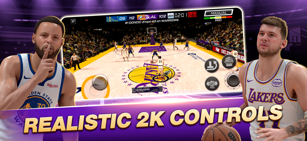 NBA 2K Mobile basketball gameplay on a smartphone showing realistic 2K controls and professional players
