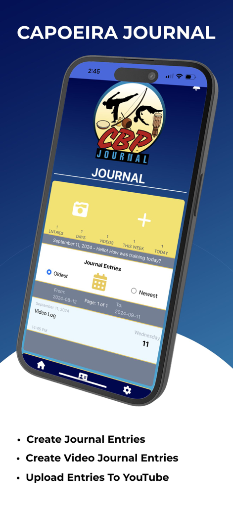 Capoeira Journal - Smartphone screen showing the journal entries and video log interface of the Capoeira Journal app.