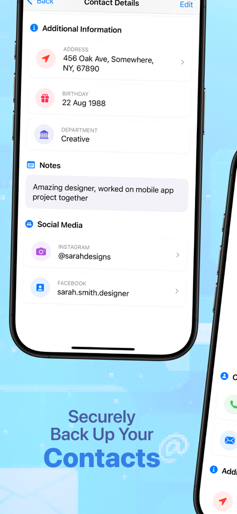 Una pantalla de perfil de contacto detallado en la aplicación New Contact plus que muestra notas profesionales y enlaces de redes sociales