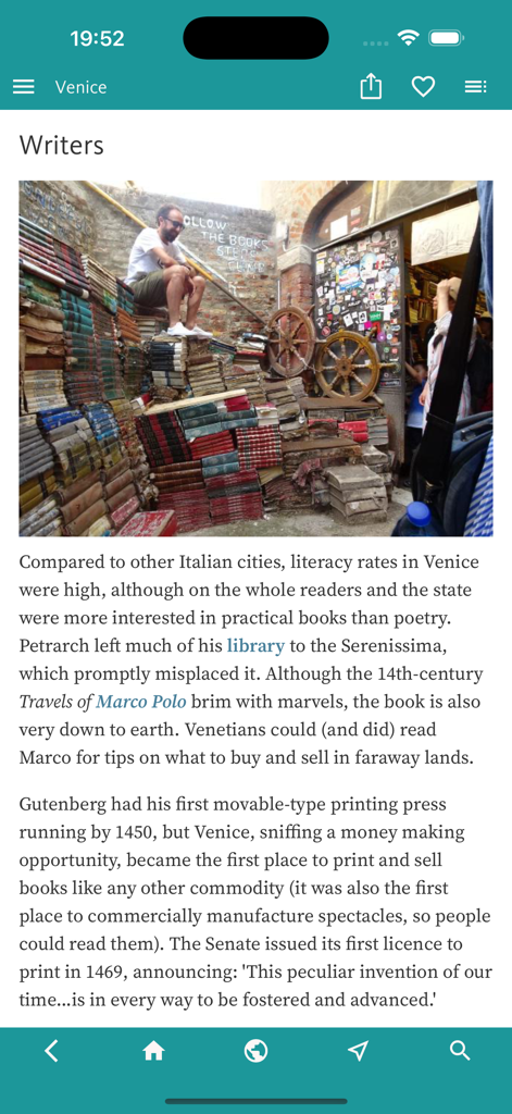 Educational article about Venetian literary history and the printing press in the Venice Art and Culture app.