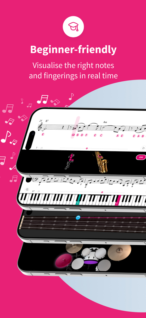 Tomplay app interface showing a real-time visual guide for notes and fingerings across different musical instruments