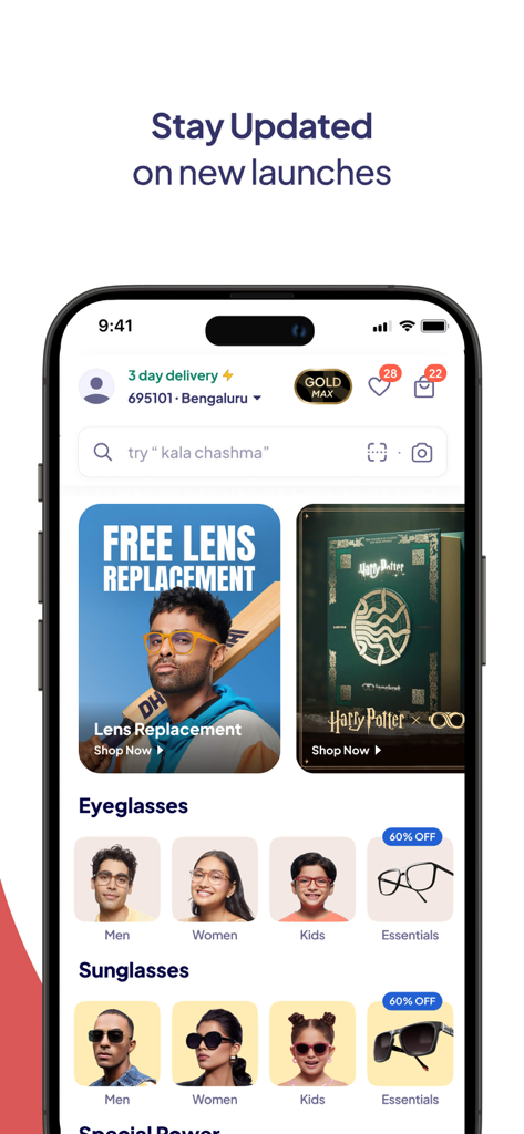 Lenskart: Eyewear - L'écran d'accueil de l'application mobile Lenskart présente les catégories de lunettes pour hommes, femmes et enfants avec des offres promotionnelles.