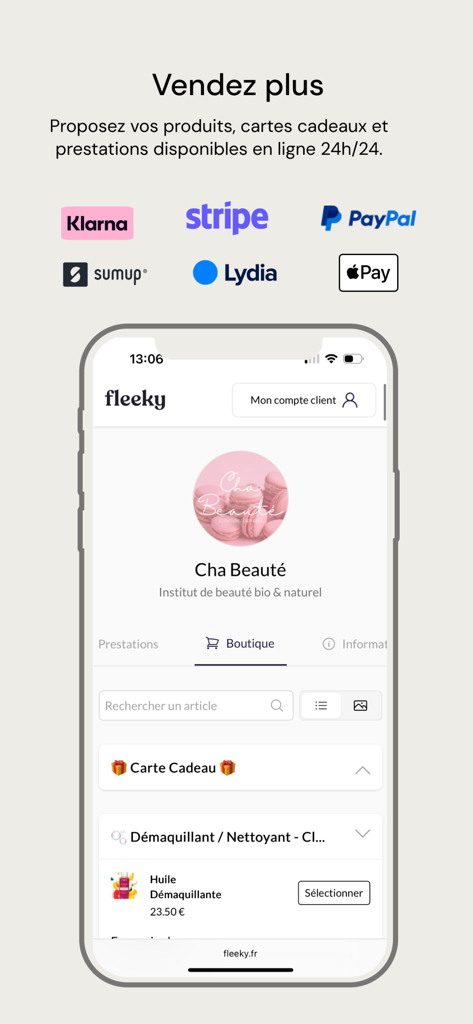 Fleeky Pro : Salon & Domicile - Interface móvel do aplicativo Fleeky Pro mostrando uma loja online para profissionais de beleza com métodos de pagamento integrados como Klarna e Stripe
