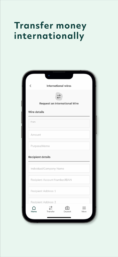 Grasshopper Bank Business - Grasshopper Bank Business app screen for requesting international wire transfers.