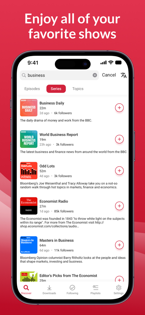 Search results for business podcasts in the Player FM app interface